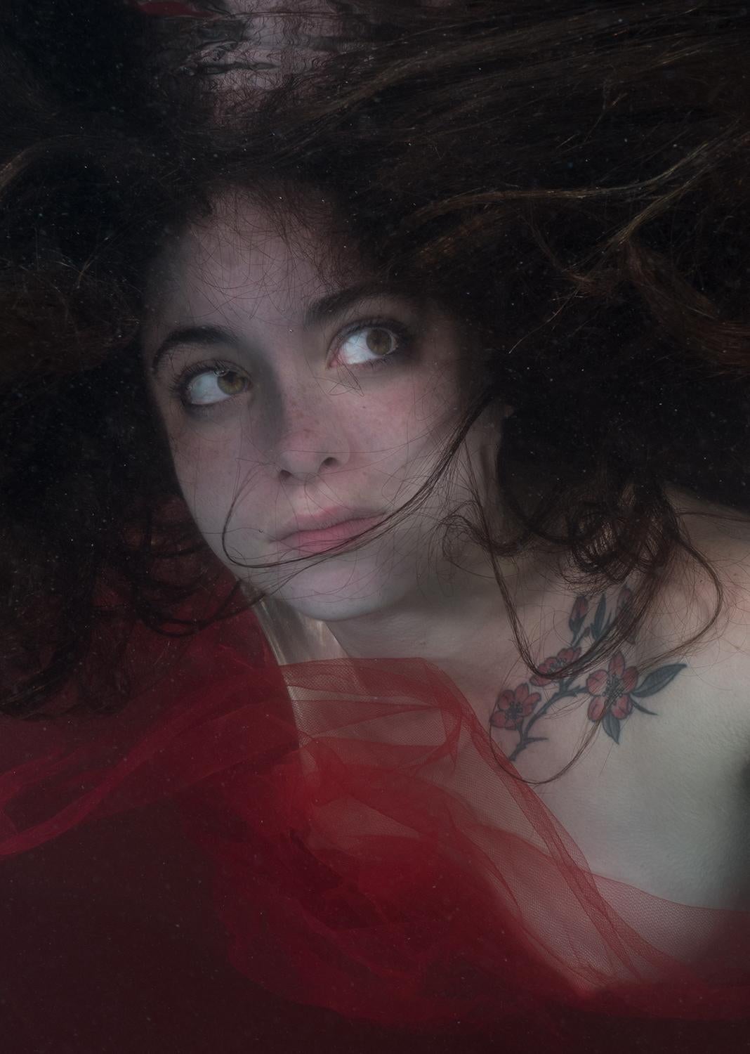 Mermaid With Flower Tattoo II - underwater nude photograph - archival pigment - Photograph by Alex Sher