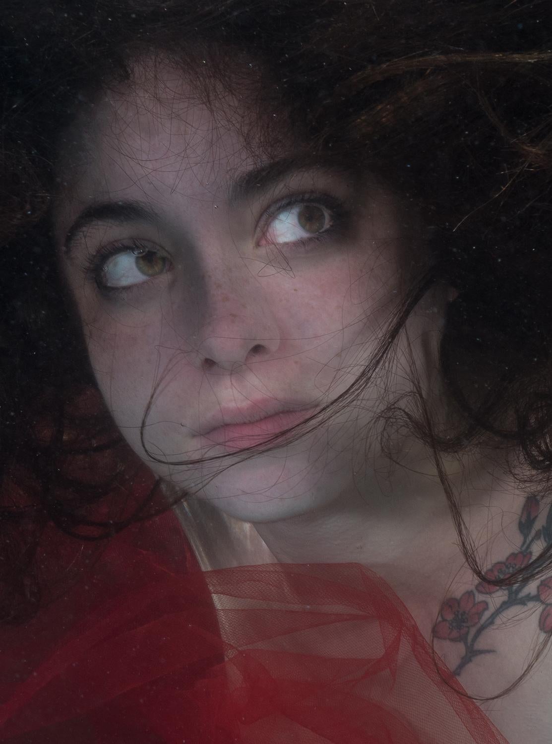 Mermaid With Flower Tattoo II - underwater nude photograph - archival pigment - Contemporary Photograph by Alex Sher