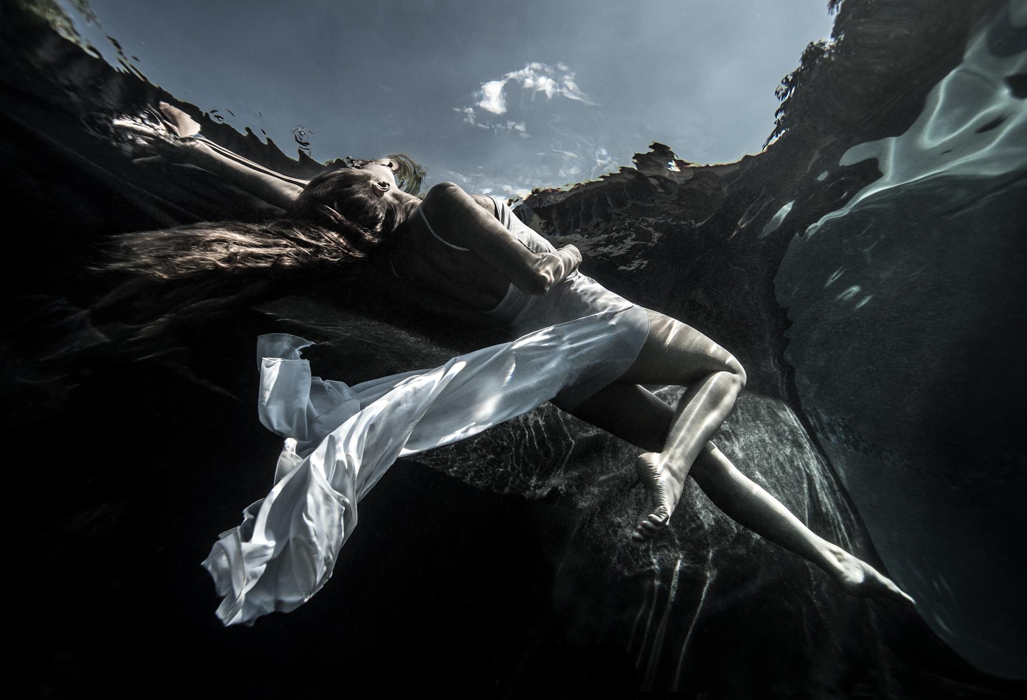 Alex Sher Figurative Photograph - Sky Dance - underwater black& white photograph - archival pigment print 24"x35"