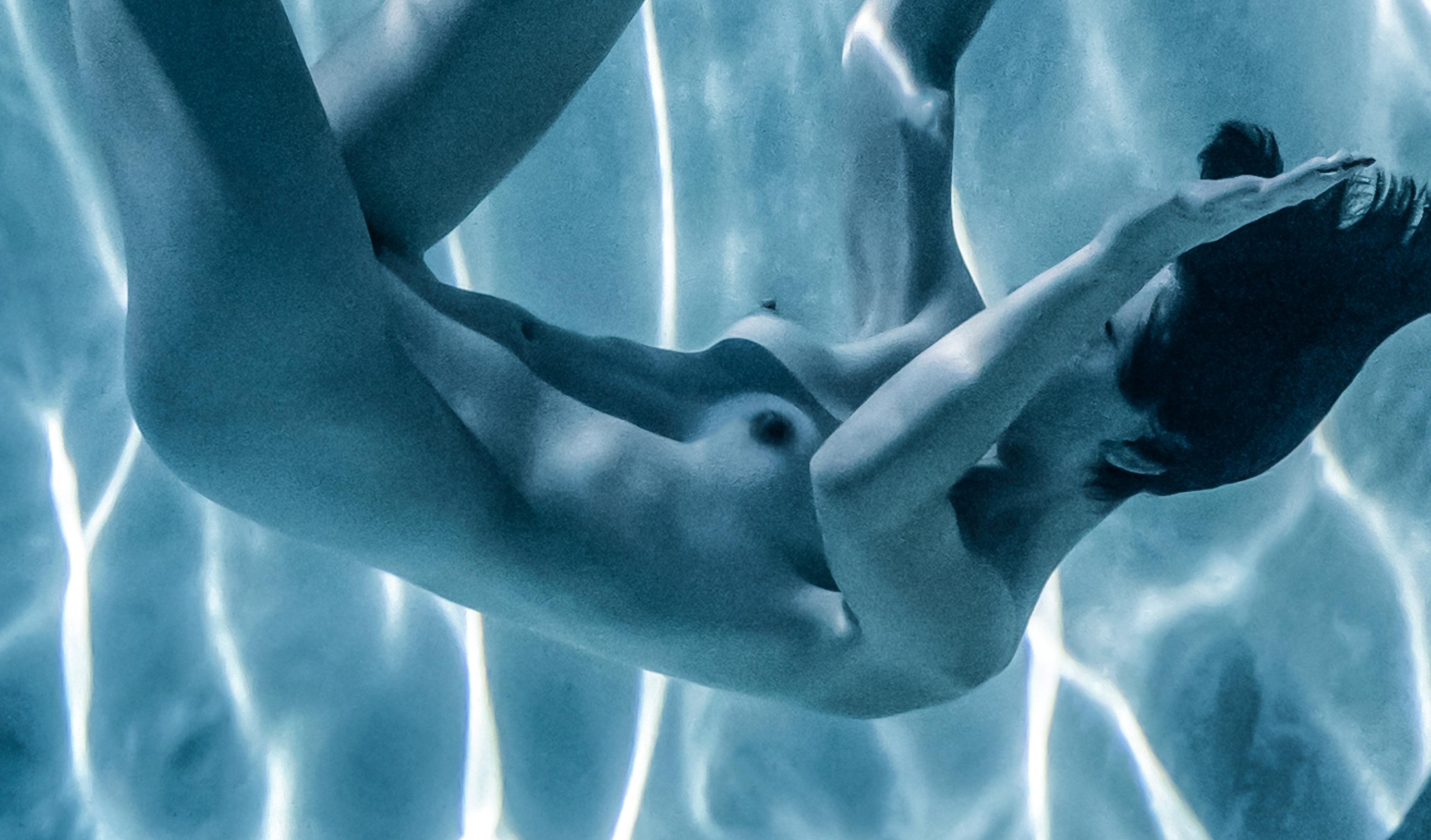 Slow Motion (blue) - underwater nude photograph - archival pigment print - Blue Black and White Photograph by Alex Sher