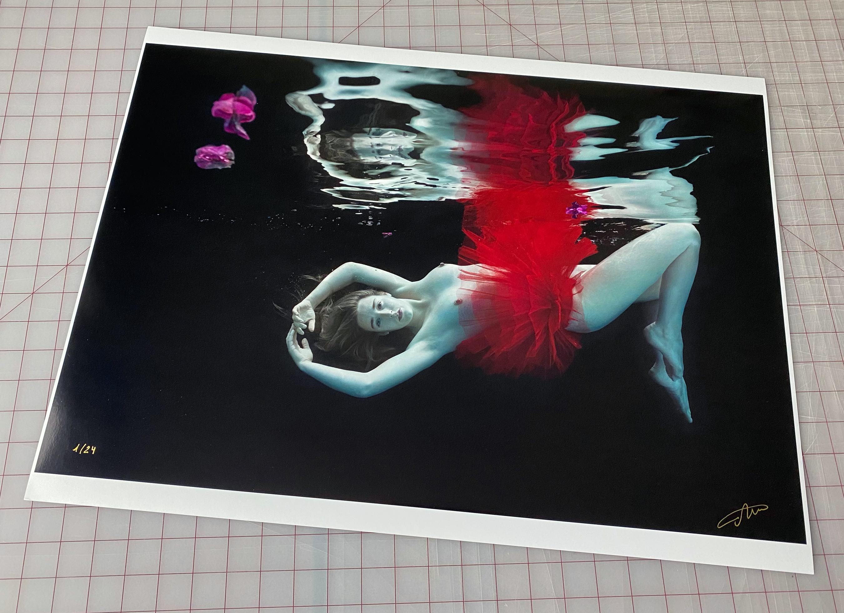 An underwater photograph of a topless dancer diving in red tutu skirt.

Original digital print on archival paper signed by the artist.
Paper size: 18