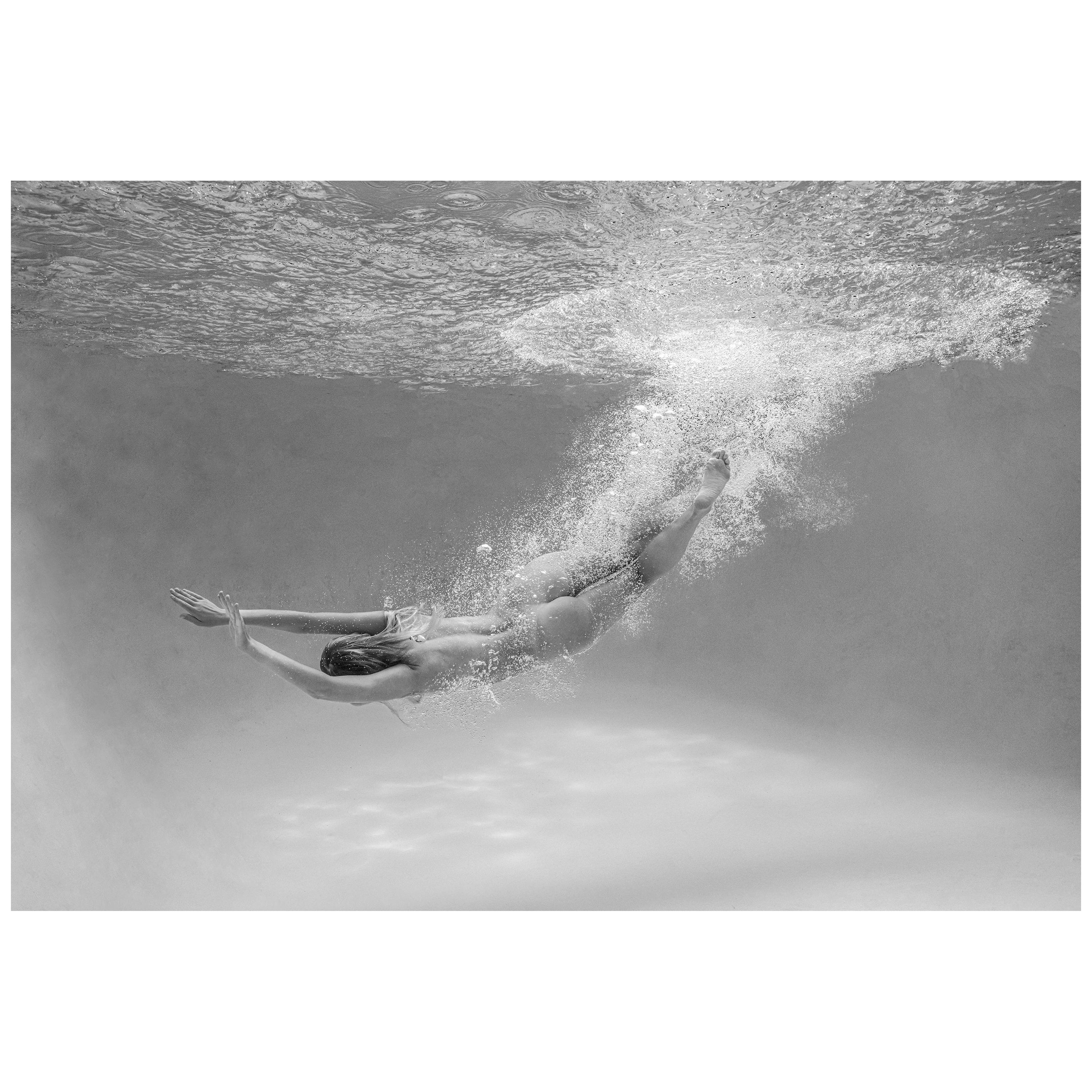 Alex Sher Black and White Photograph – Unter- und Unterwasser-Schwarz-Weiß-Nacktfotografie – Druck auf Aluminium 36x53"