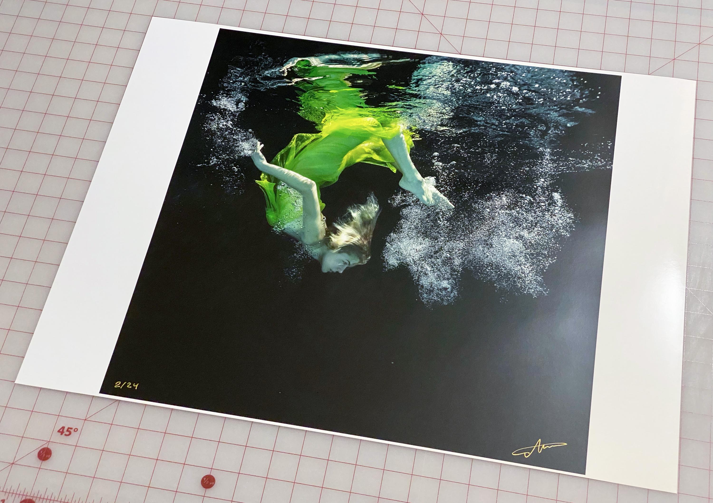 An underwater photograph of a young woman wrapped in bright green tulle. 

Original gallery quality print signed by the artist. 
Digital archival pigment print on archival paper with metallic finish. 
Limited edition of 24
The artwork is furnished