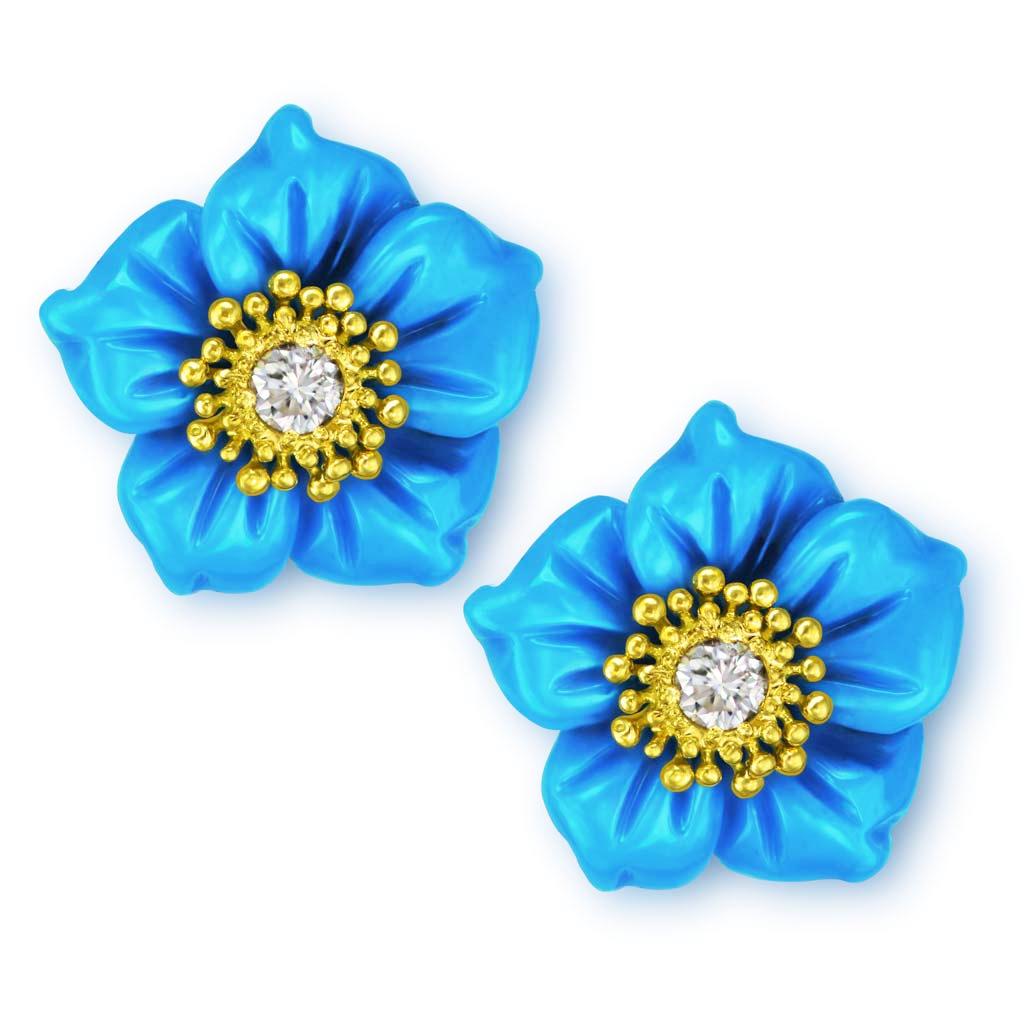 Rose Cut Alex Soldier 18 Karat Gold Turquoise Diamond Blossom Convertible Stud Earrings