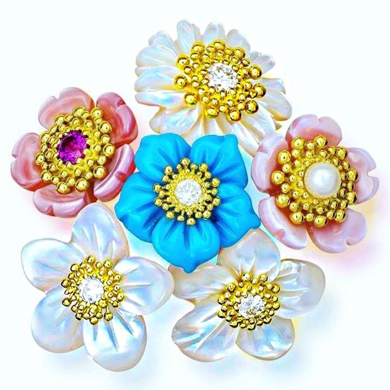 Alex Soldier 18 Karat Gold Turquoise Diamond Blossom Convertible Stud Earrings 4