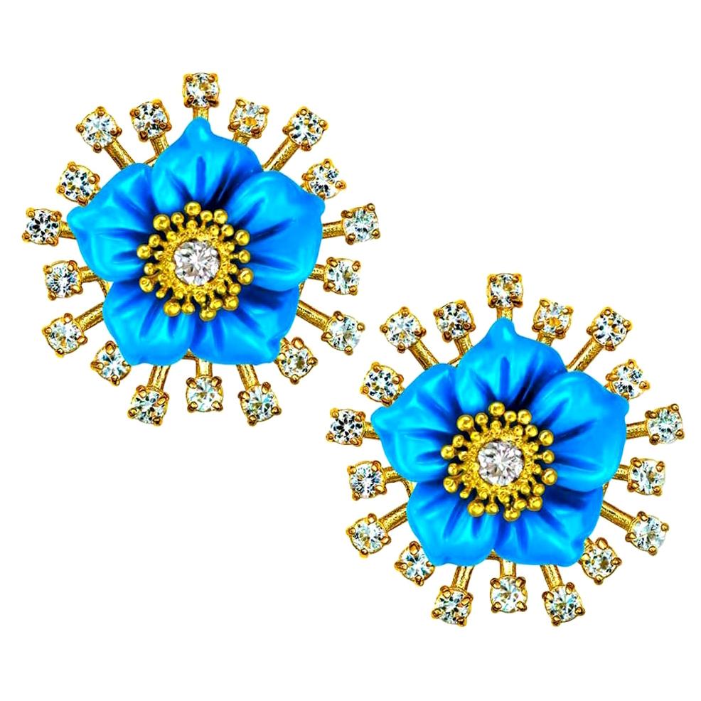 Alex Soldier 18 Karat Gold Turquoise Diamond Blossom Convertible Stud Earrings