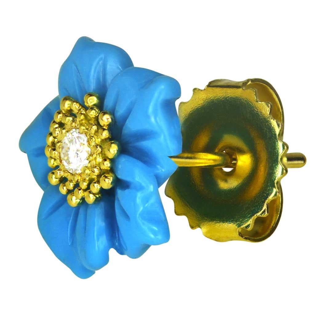 Contemporain Alex Soldier, boucles d'oreilles fleur en or 18 carats avec turquoise et topaze, uniques en leur genre en vente