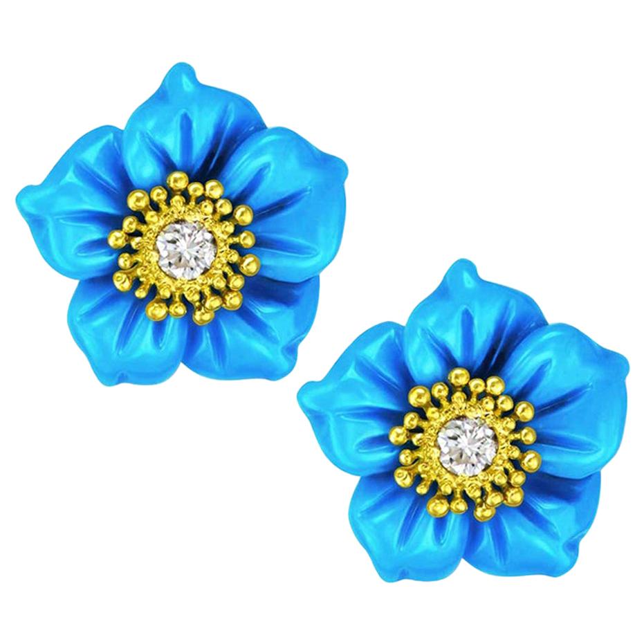 Alex Soldier, boucles d'oreilles fleur en or 18 carats avec turquoise et topaze, uniques en leur genre