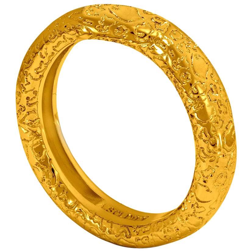 Alex Soldier Textured Gold Band that features signature proprietary metalwork that creates an effect of inner sparkle. Metal type: 18 karat yellow gold. Handmade in NYC. Ring size: 6.5. Complimentary ring sizing is available within 2 business days.  