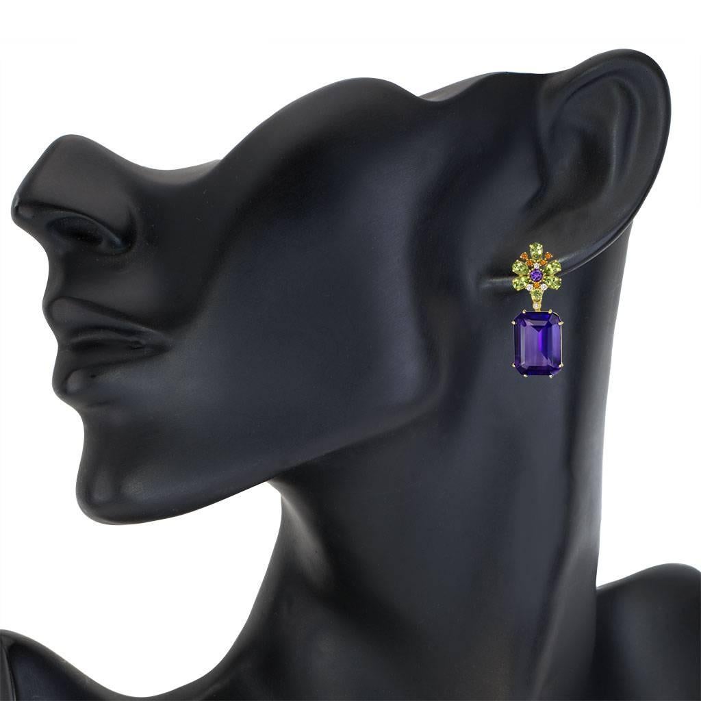 Emerald Cut Alex Soldier Amethyst Peridot Garnet Diamond Gold Drop Earrings One of a Kind