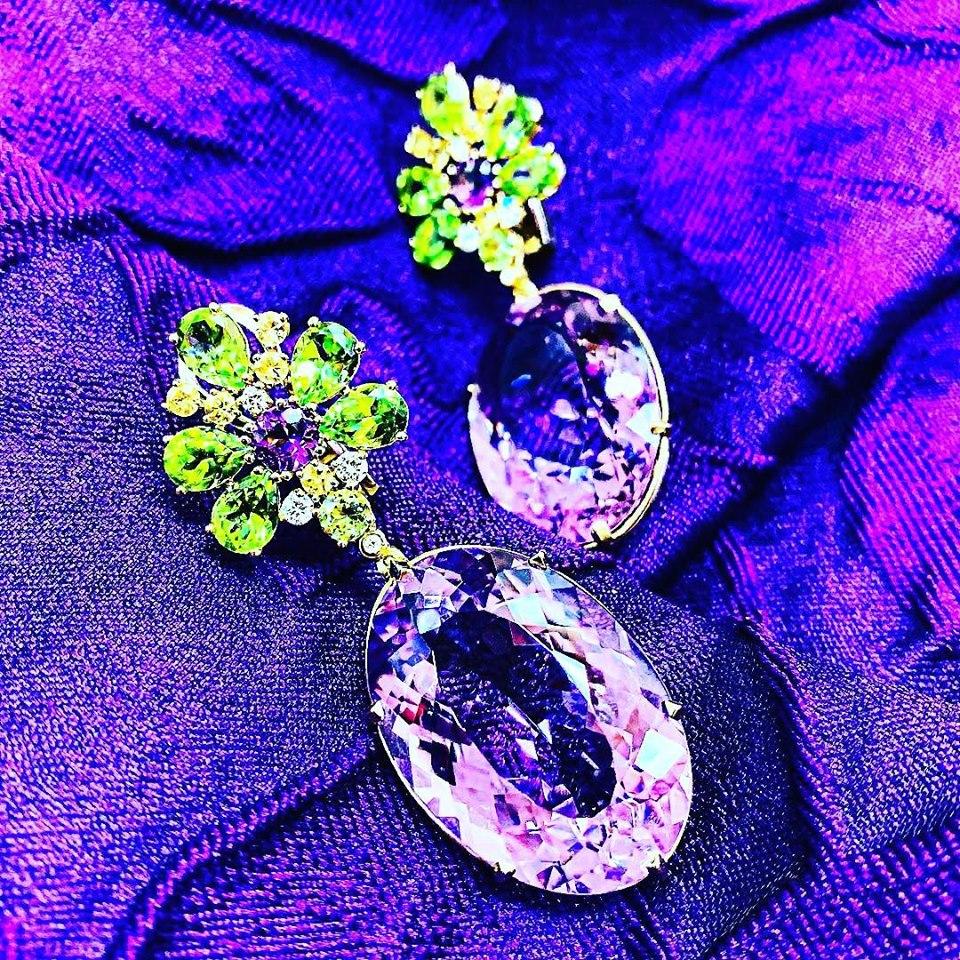Women's or Men's Alex Soldier Amethyst Peridot Garnet Diamond Gold Drop Earrings One of a Kind For Sale