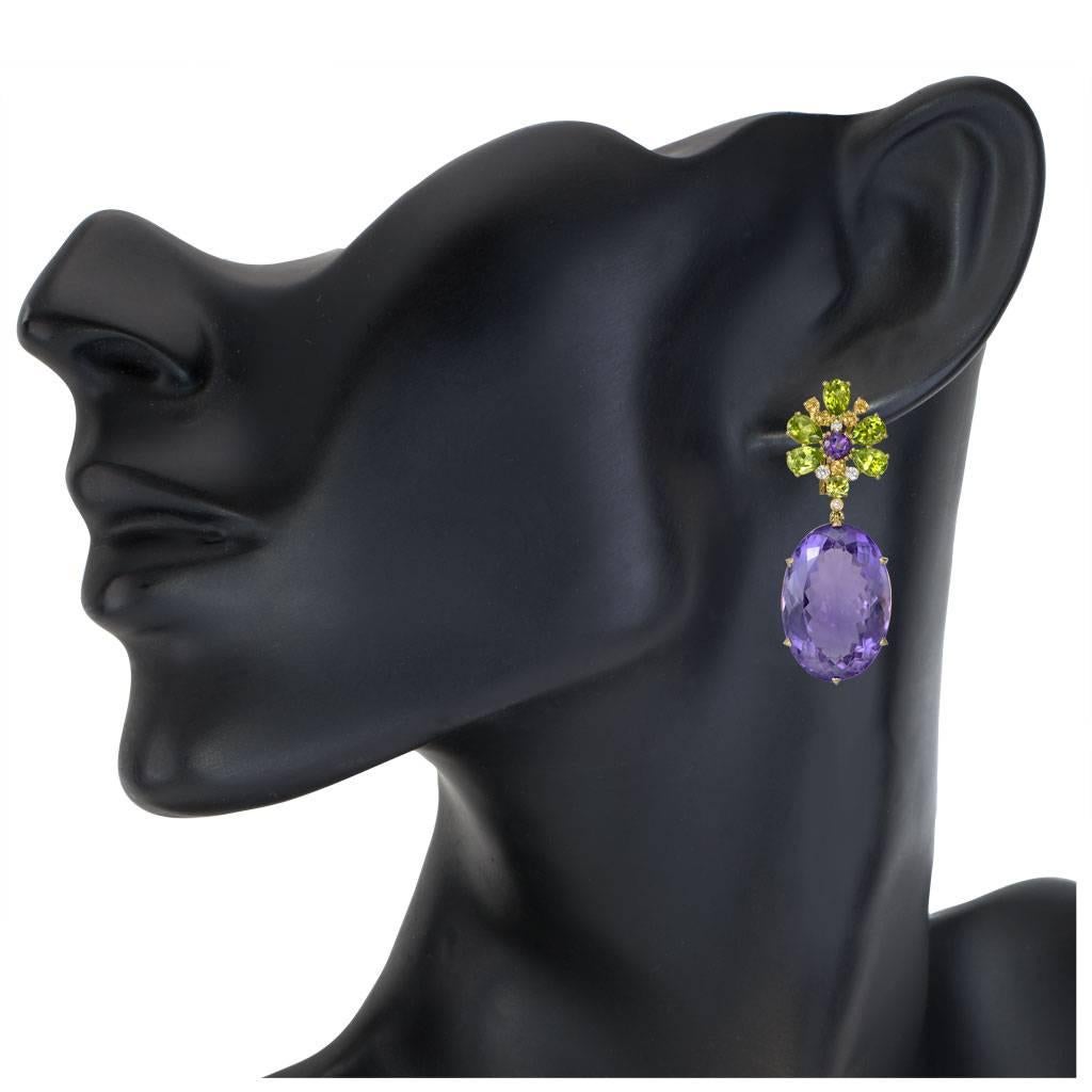 Alex Soldier Amethyst Peridot Sapphire Diamond Gold Drop Earrings One of a Kind In New Condition In New York, NY