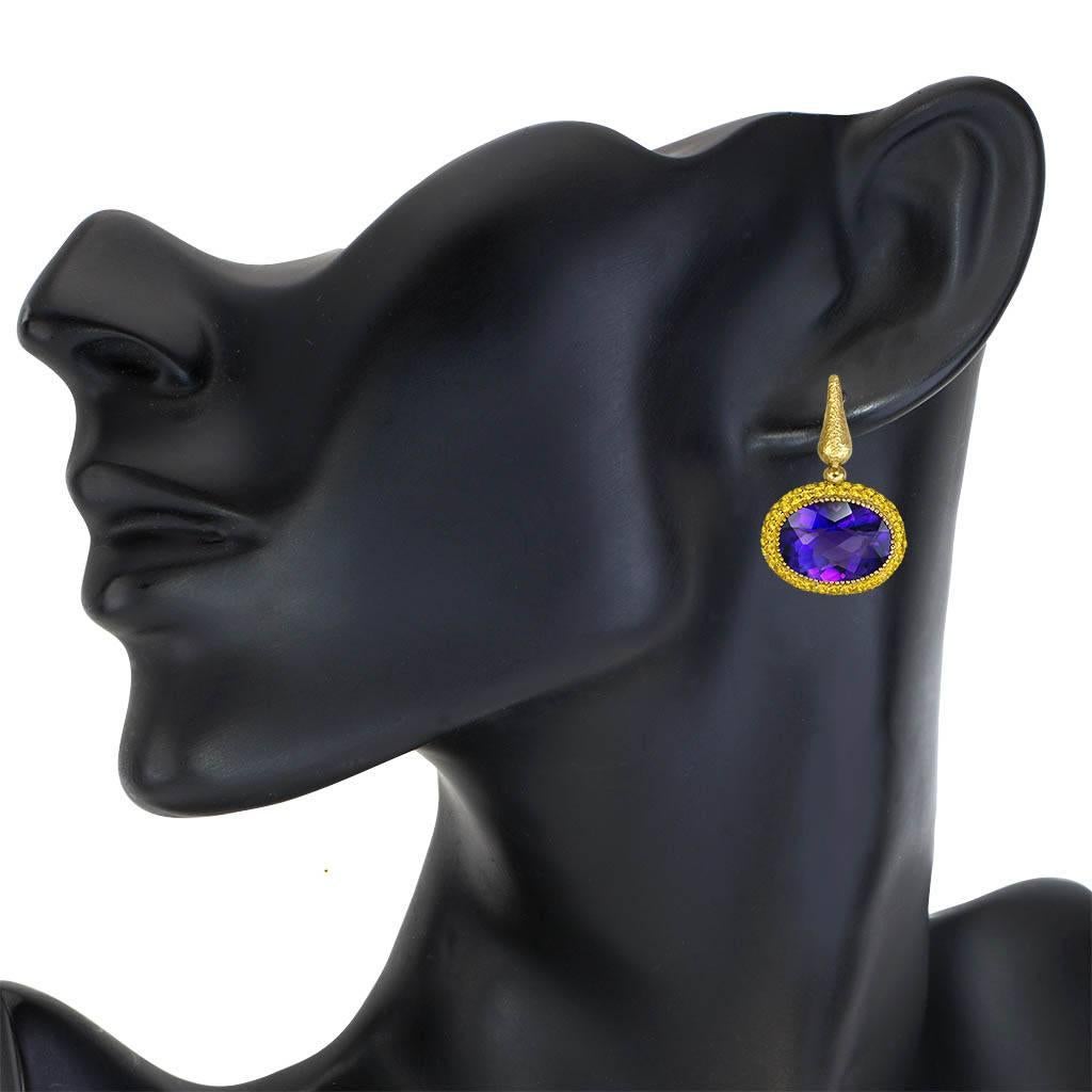 Contemporary Alex Soldier Amethyst Sapphire Gold Drop Textured Earrings One of a Kind For Sale