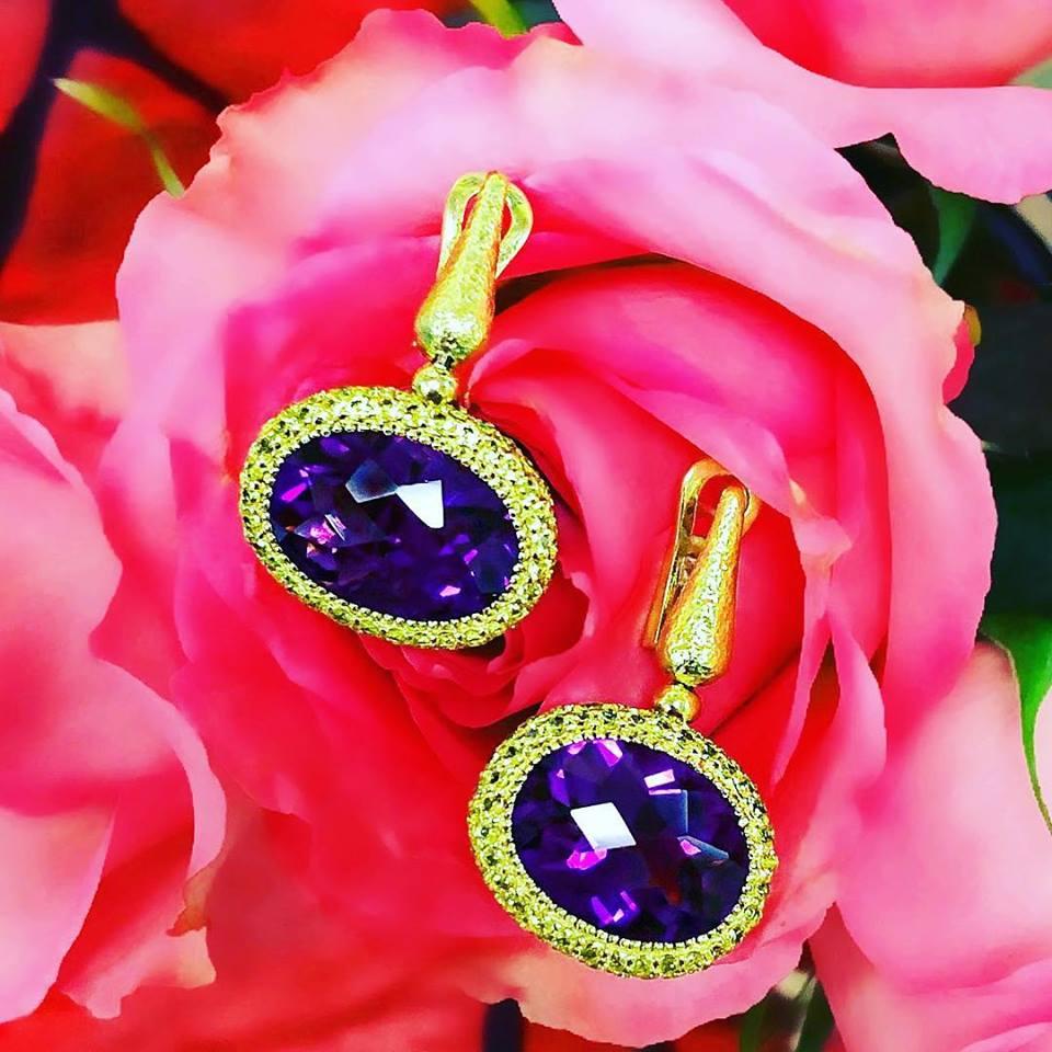 Alex Soldier Amethyst Sapphire Gold Drop Textured Earrings One of a Kind In New Condition For Sale In New York, NY