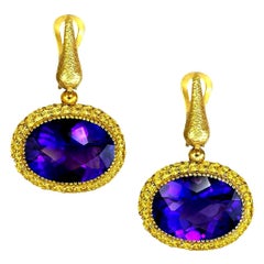 Alex Soldier Amethyst Sapphire Gold Drop Textured Earrings One of a Kind