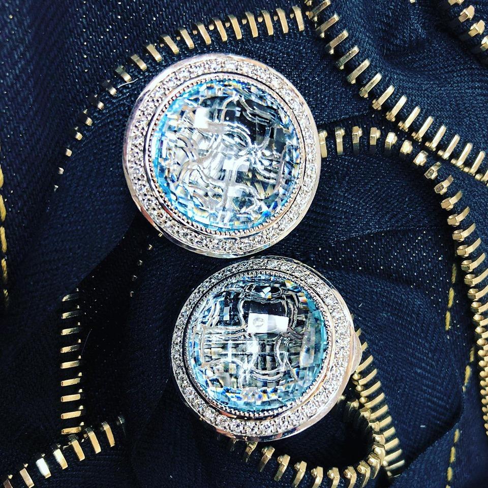 Women's or Men's Alex Soldier Blue Topaz Diamond Gold Stud Earrings Cufflinks One of a Kind
