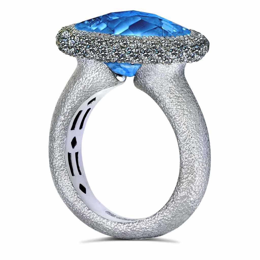Oval Cut Alex Soldier Blue Topaz Diamond Textured White Gold Cocktail Ring One of a Kind For Sale