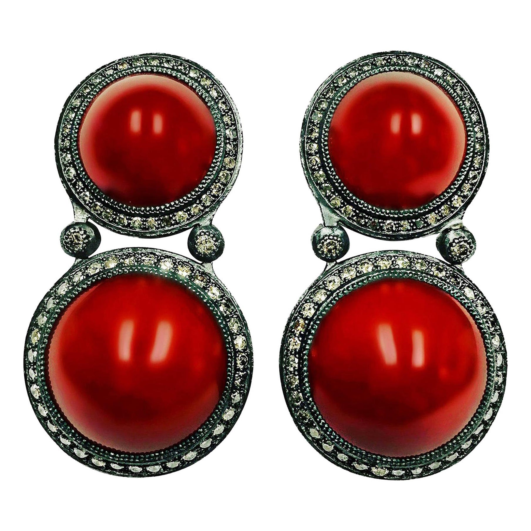Alex Soldier - Boucles d'oreilles à clip en argent sterling avec cornaline et diamant - Uniques en leur genre en vente