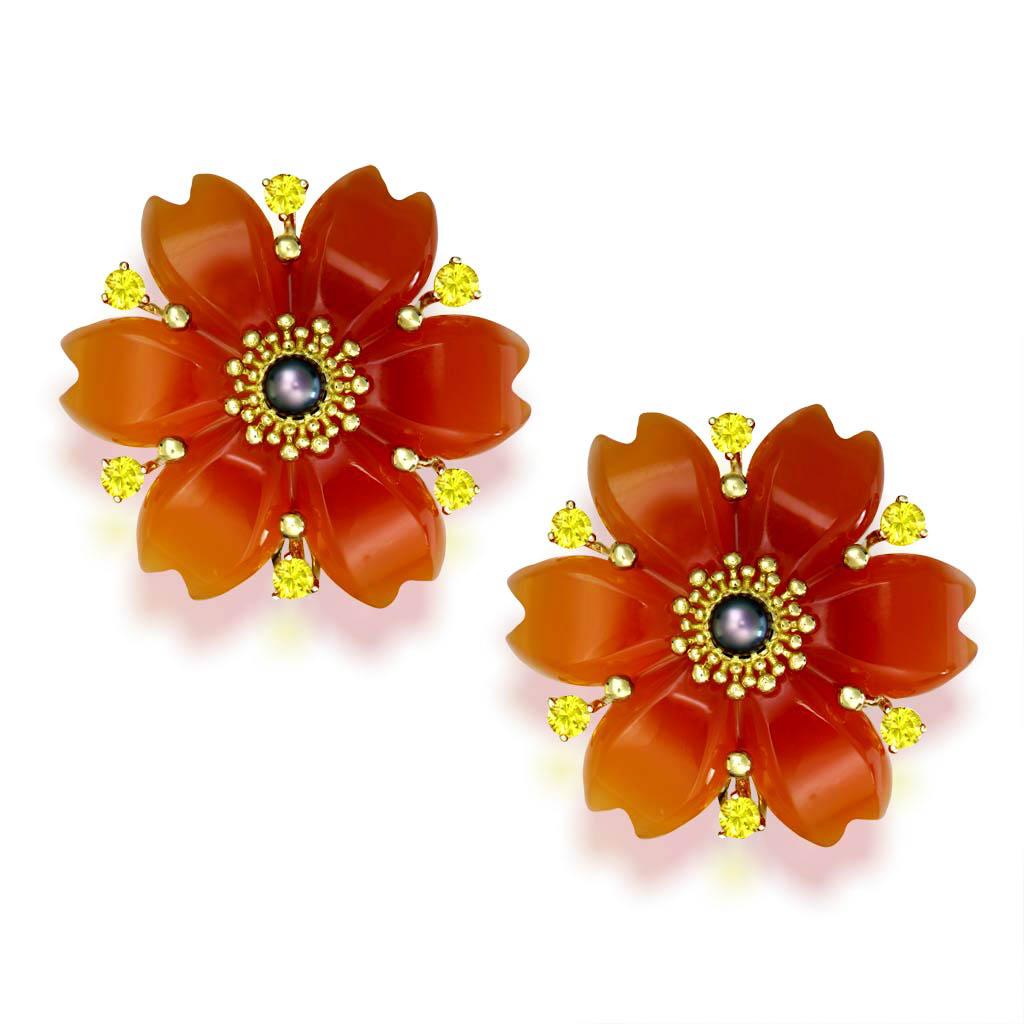 Alex Soldier Carnelian Rutilated Quartz Sapphire Pearl Gold Convertible Earrings In New Condition In New York, NY