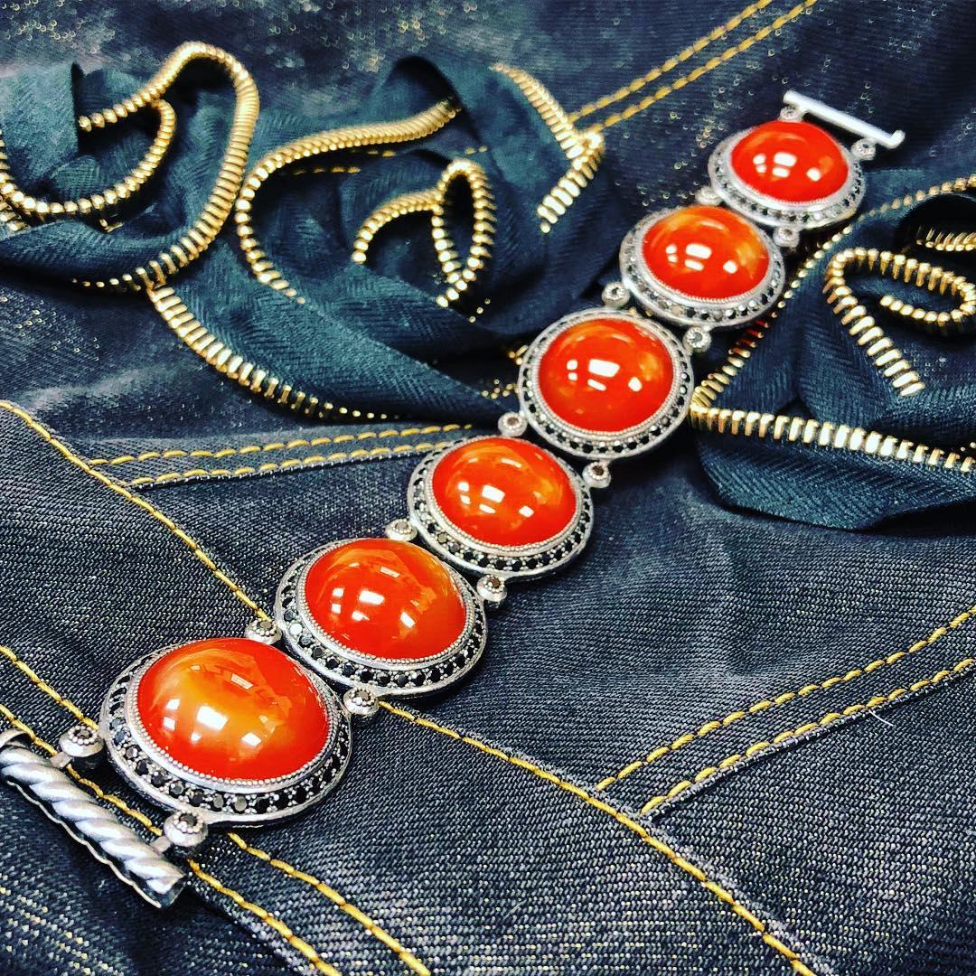 Contemporary Alex Soldier Carnelian Spinel Oxidized Sterling Silver Necklace One of a Kind For Sale