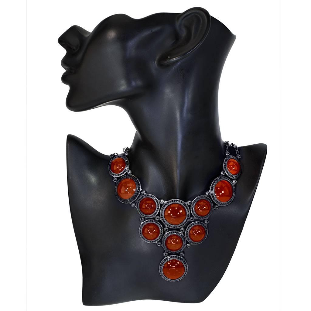 Round Cut Alex Soldier Carnelian Spinel Oxidized Sterling Silver Necklace One of a Kind For Sale