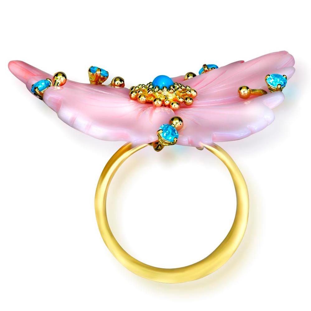 Alex Soldier Carved Mother of Pearl Turquoise Topaz Gold Cocktail Ring In New Condition In New York, NY