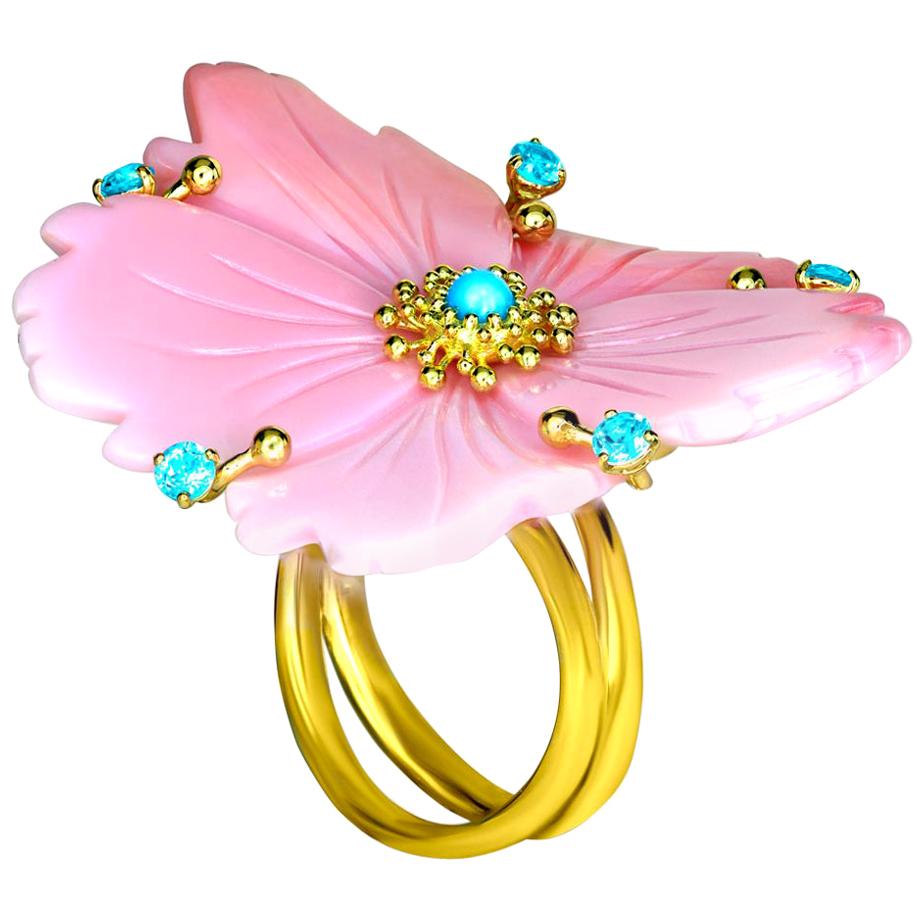 Alex Soldier Carved Mother of Pearl Turquoise Topaz Gold Cocktail Ring