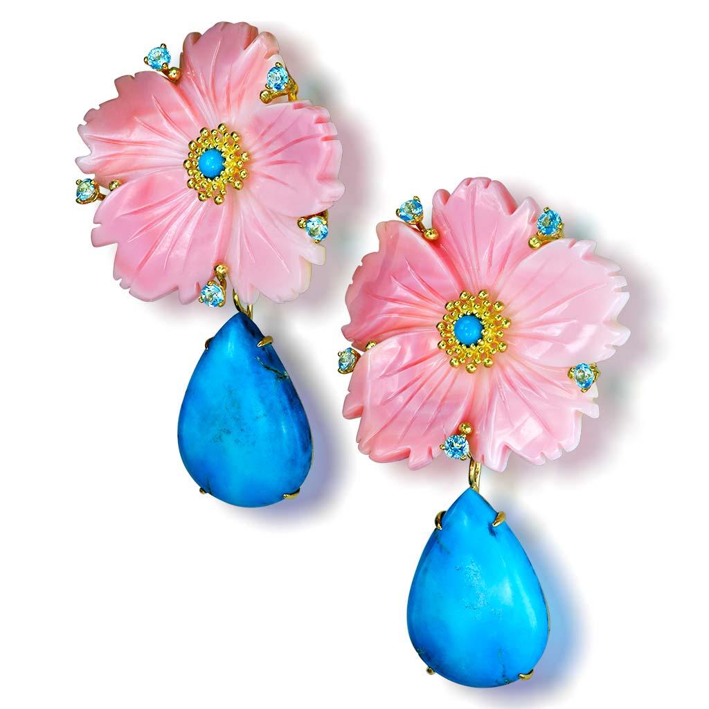 Alex Soldier Blossom Earrings as seen on actress Shohreh Aghdashloo: A colorful collection of rare and stunning gemstones form together a spectacular Blossom that comes alive with a touch of feminine charm and allure given to us by Mother Nature.