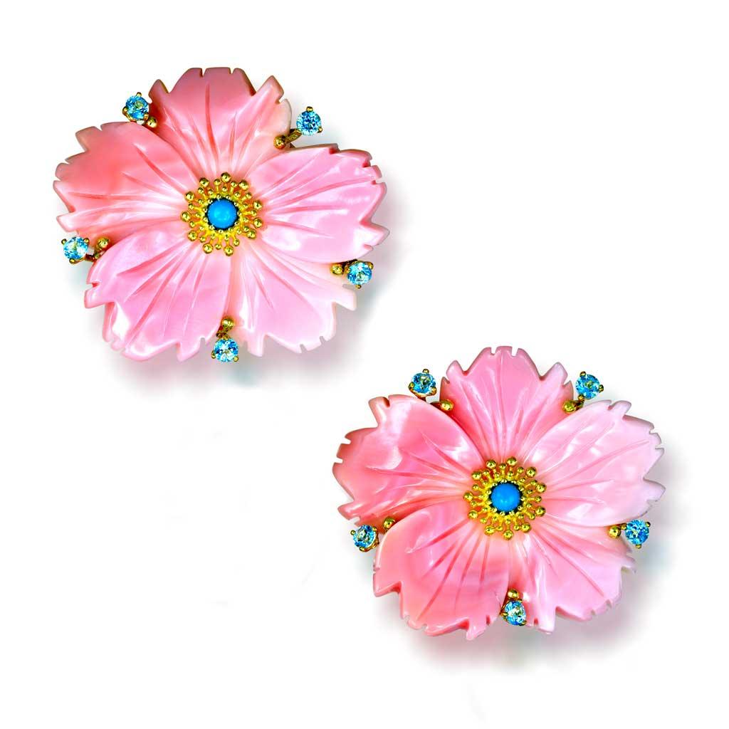 Alex Soldier Pendientes convertibles de nácar tallado Turquesa Topacio Oro Corte rosa en venta