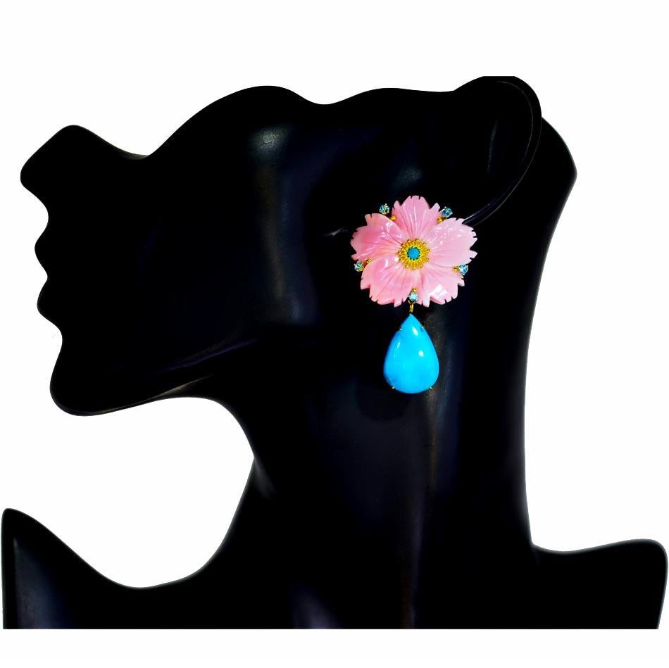 Femenino o masculino Alex Soldier Pendientes convertibles de nácar tallado Turquesa Topacio Oro en venta