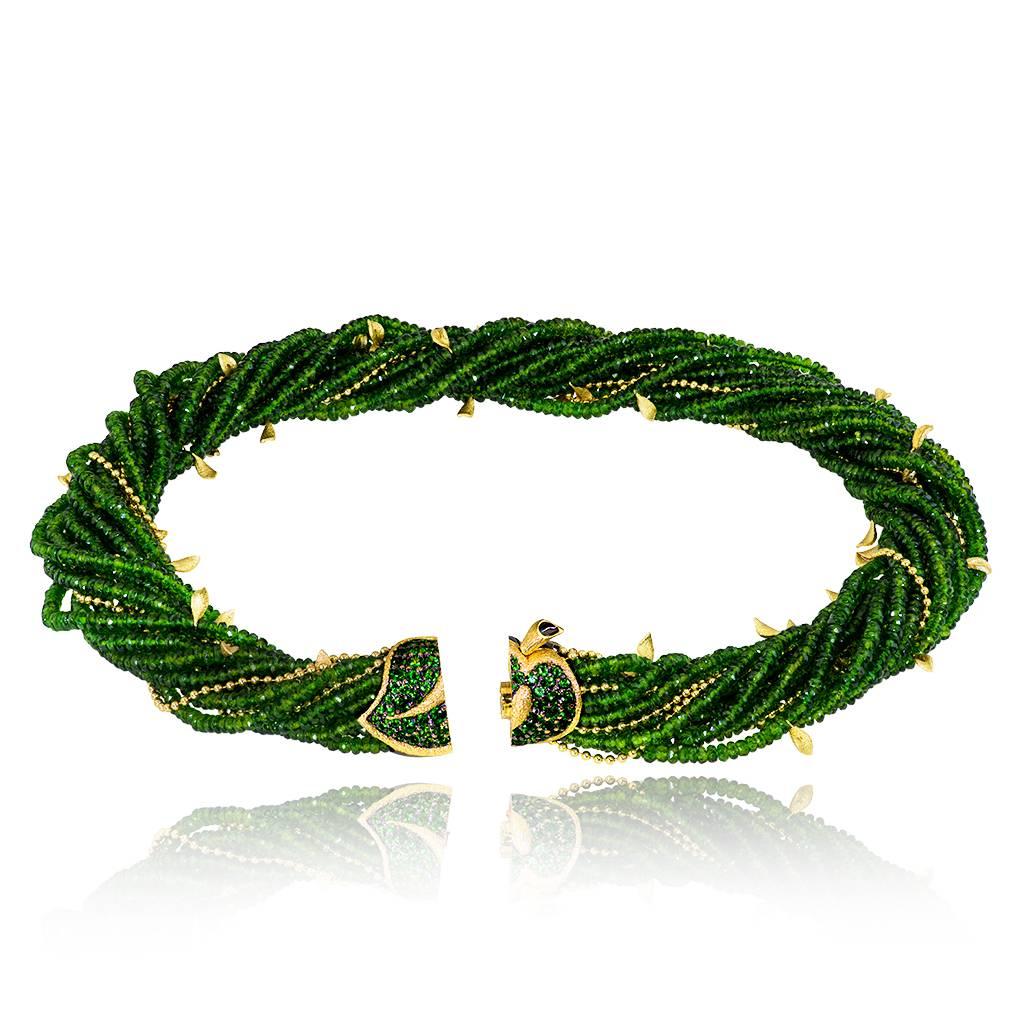 Contemporary Alex Soldier Chrome Diopside Tsavorite Garnet Gold Leaf Necklace One of a Kind