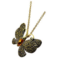 Alex Soldier Citrine Gold Butterfly Hand-Textured Pendant Necklace Pin on Chain