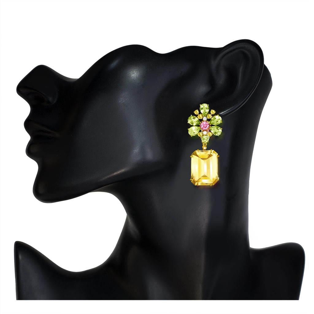 Women's or Men's Alex Soldier Citrine Lemon Quartz Pink Topaz Diamond Gold Blossom Earrings