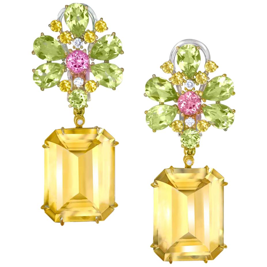 Alex Soldier Citrine Lemon Quartz Pink Topaz Diamond Gold Blossom Earrings