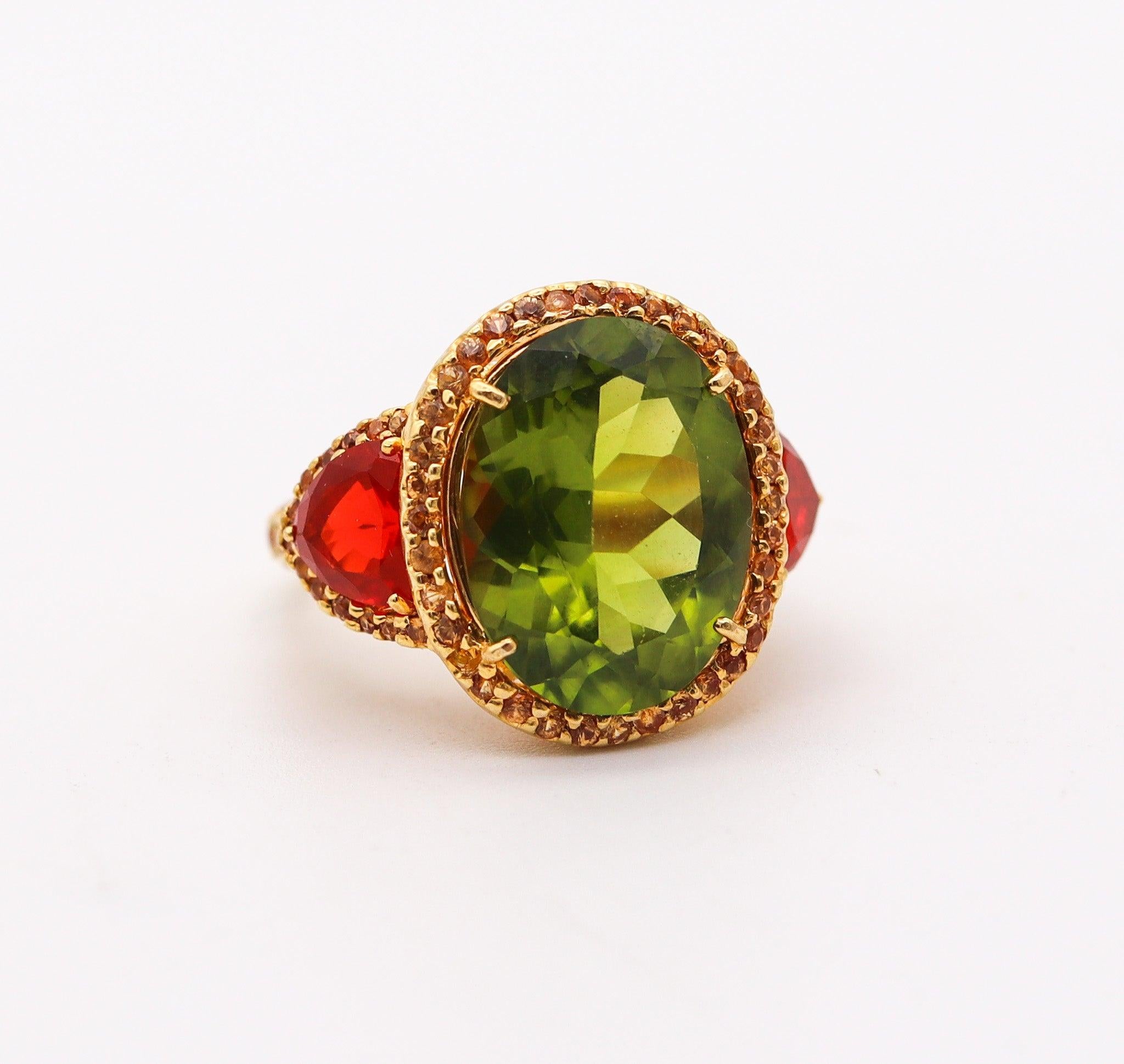 Modern ALEX SOLDIER Cocktail Ring In 18Kt Gold With 14.84 Ctw In Peridot & Fire Opals For Sale