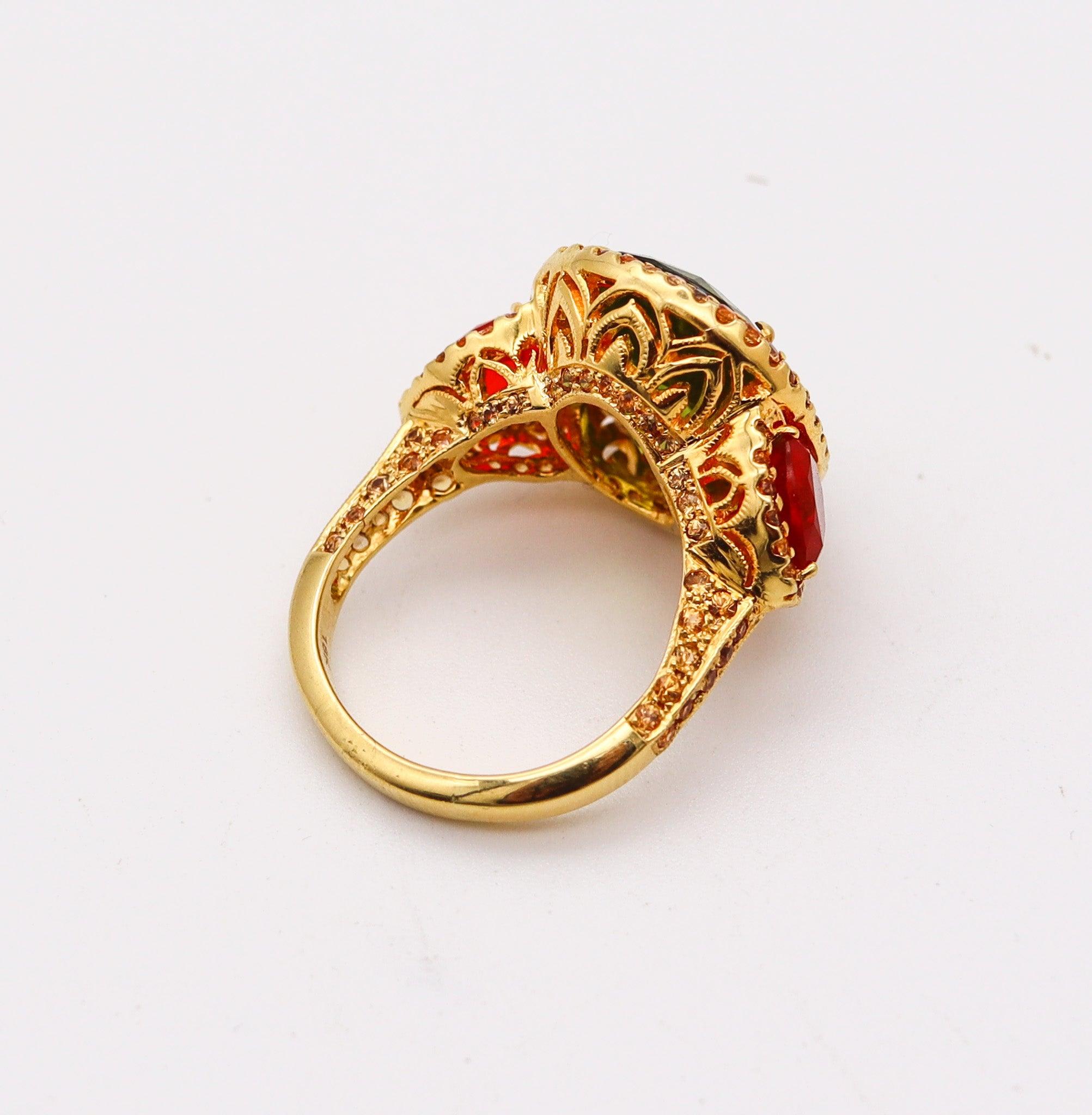 Women's ALEX SOLDIER Cocktail Ring In 18Kt Gold With 14.84 Ctw In Peridot & Fire Opals For Sale