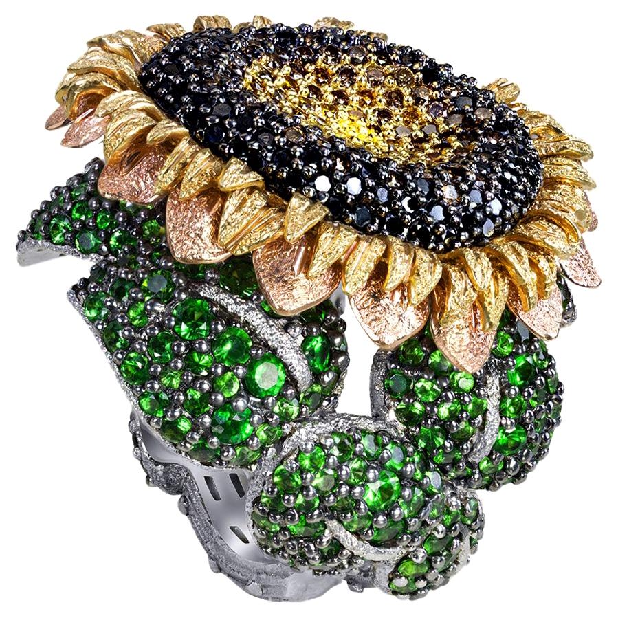 Contemporary Alex Soldier Diamond Chrome Diopside Gold Sunflower Ring as seen on Kate Upton For Sale