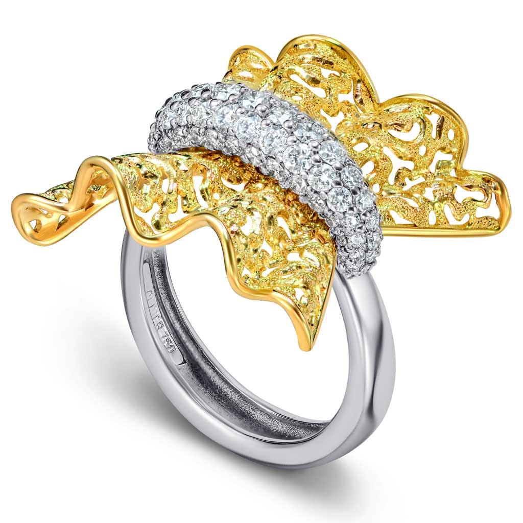 Alex Soldier's Bowtie ring is made in 18 karat yellow and white gold with diamonds and hand-textured with his signature metalwork that creates a spectacular effect of an inner sparkle. Handcrafted with love in New York City from responsibly sourced