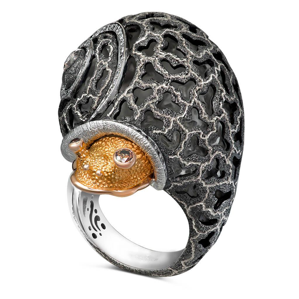 Round Cut Alex Soldier Diamond Gold Hand-Textured Codi the Snail Ring One of a Kind