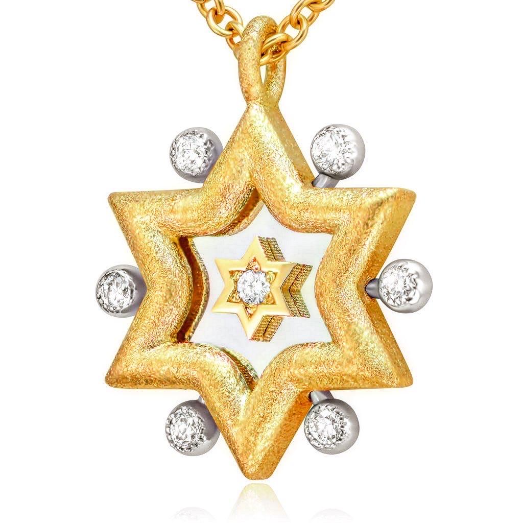 Alex Soldier's Star of David narrates a story of life. The ornament consists of several details, each denoting special symbols attributed to Jewish culture. The surface is decorated with a special finish which resembles dried sand in the desert that