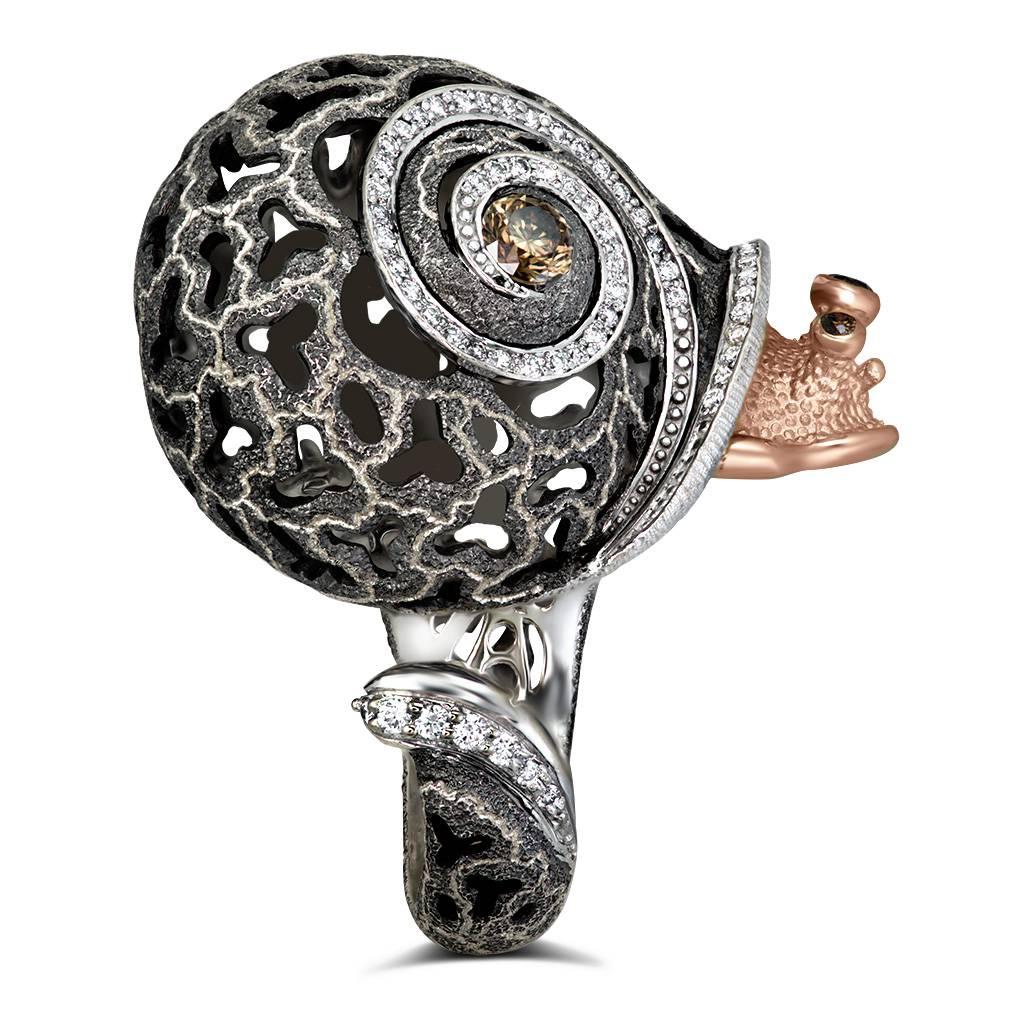 Round Cut Alex Soldier Diamond Gold Sterling Silver Hand-Textured Codi the Snail Ring