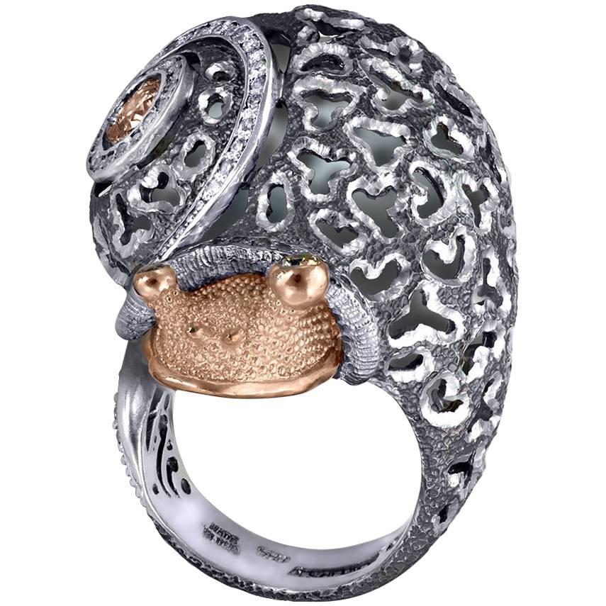 Round Cut Alex Soldier Diamond Gold Sterling Silver Textured Signature Codi the Snail Ring