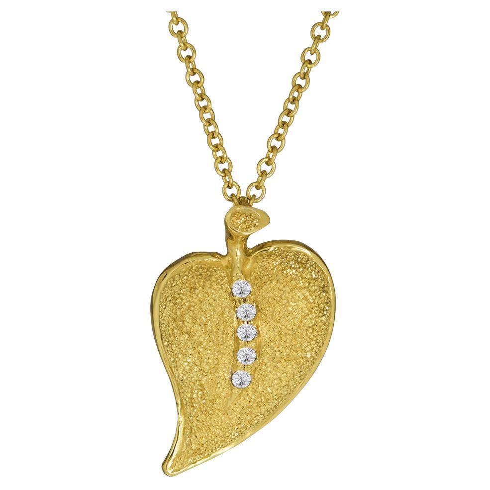 Diamond Gold Textured Leaf Pendant Necklace on Chain One of a Kind For Sale