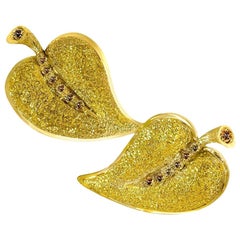Alex Soldier Diamond Gold Textured Leaf Stud Earrings Cufflinks One of a Kind