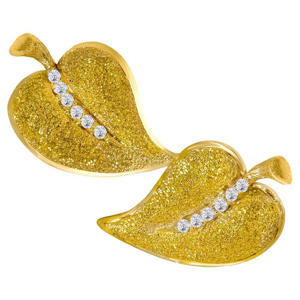 Diamond Gold Textured Leaf Stud Earrings One of a Kind For Sale