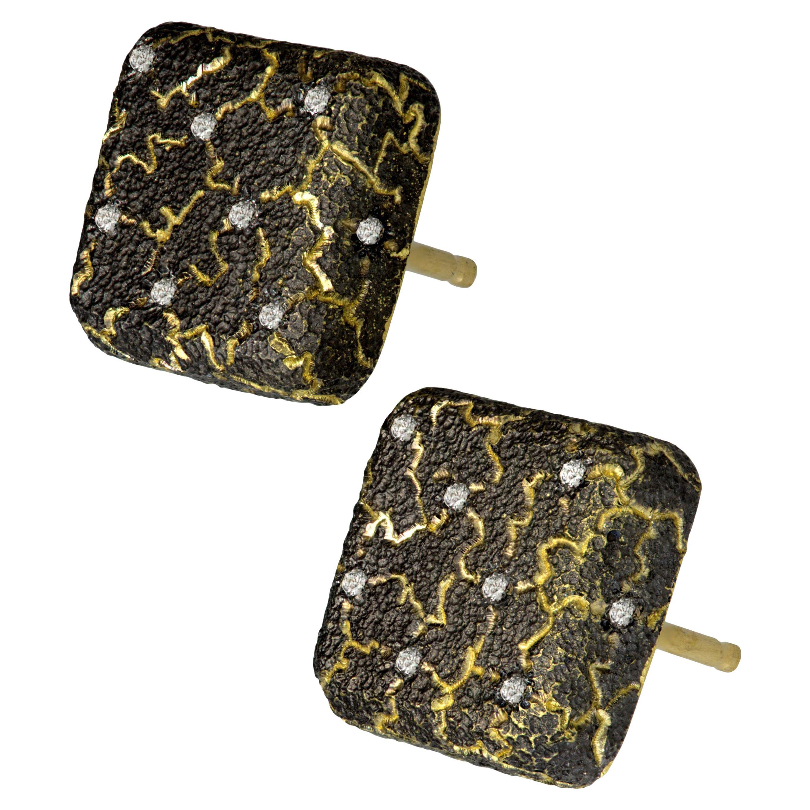 Alex Soldier Diamond Lava stud earrings: made in 18 karat yellow gold with diamonds (0.12 ct) and signature metalwork that creates an illusion of inner shimmer. Handmade in NYC. Complimentary conversion to cufflinks is available within 2 business
