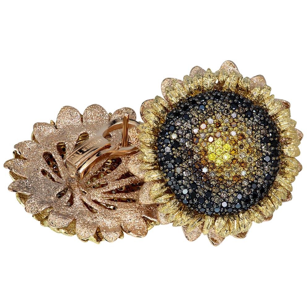 Alex Soldier Diamond Gold Textured Sunflower Earrings Cufflinks One of a Kind