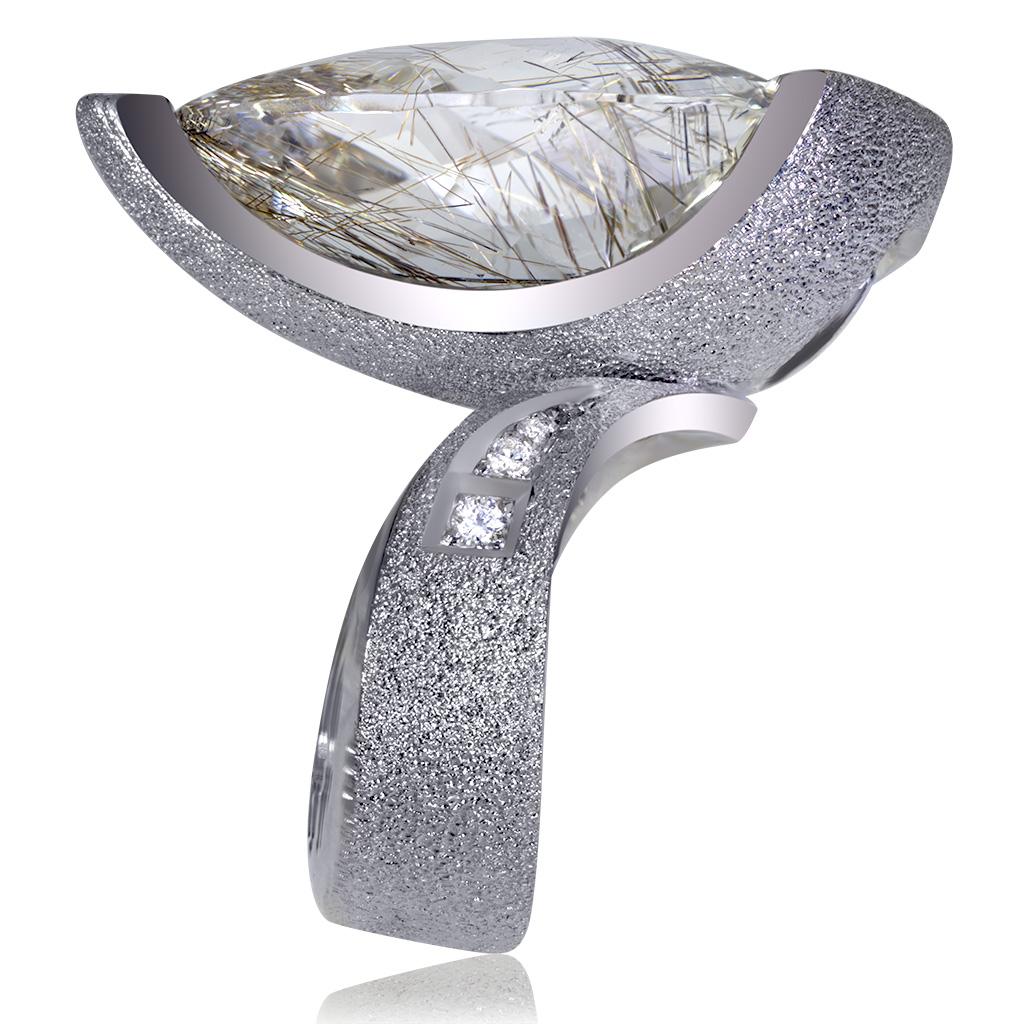 Contemporary Alex Soldier Diamond Rutilated Quartz Gold Swan Ring as Seen on Elizabeth Hurley For Sale