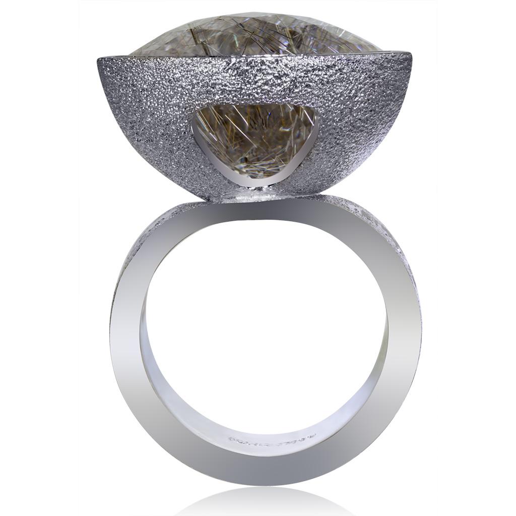 Alex Soldier Diamond Rutilated Quartz Gold Swan Ring as Seen on Elizabeth Hurley In New Condition For Sale In New York, NY