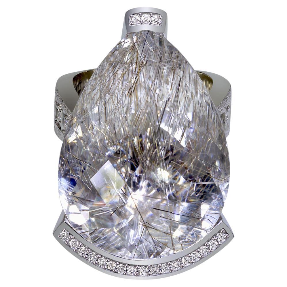 Alex Soldier Diamond Rutilated Quartz Gold Swan Ring as Seen on Elizabeth Hurley For Sale